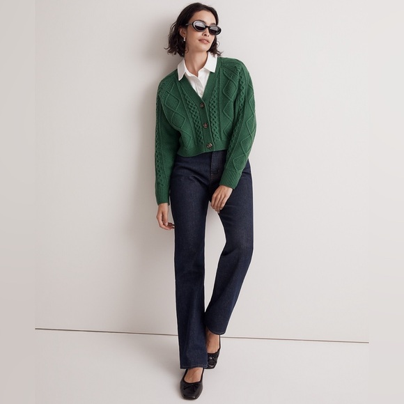 Madewell Cable-Knit Cropped Cardigan in Varsity Green - Picture 2 of 6